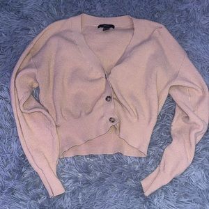 TAN KNIT LONG SLEEVE V NECK BUTTON UP CROP TOO